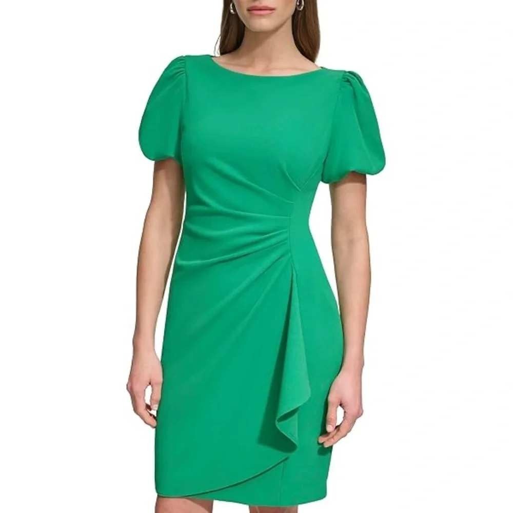 DKNY Womens Puff Sleeve Scuba Crepe Ruched Sheath Dress Size 4 Apple Green Party